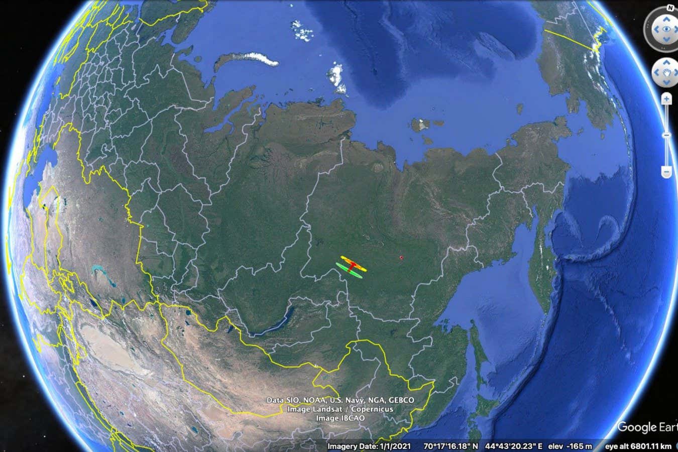 Mapa przewidywanego miejsca uderzenia asteroidy w atmosferę